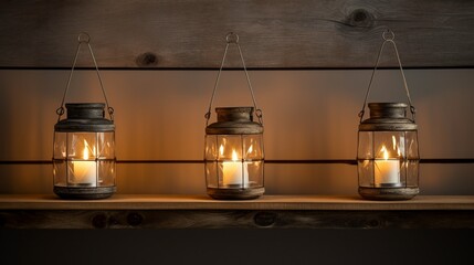 Three rustic lanterns hanging from white wall hooks, each containing a glowing candle.
