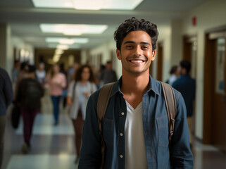 Obraz premium A smiling male student standing in a school hallway
