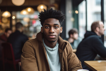 Fototapeta premium Generative AI portrait of confident city citizen person enjoying weekend time drinking coffee in modern cafe