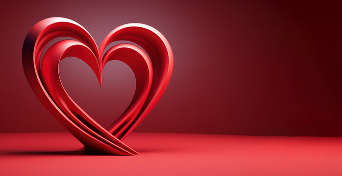 3d illustration of red heart on red background with copy space. Valentine's day card