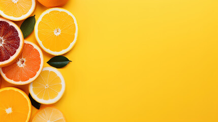 Flatlay of fresh citrus fruits on yellow background with copy space