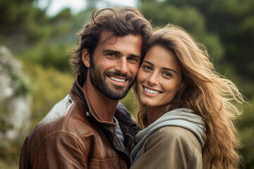 Obraz premium Young couple in love hugging on street romance and love concept generative AI montage