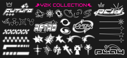  Set of Y2K abstract brutalism symbols and elements on a black background. Templates for logo, icon, notes, posters, banners, stickers, business cards. Vector illustration - obrazy, fototapety, plakaty