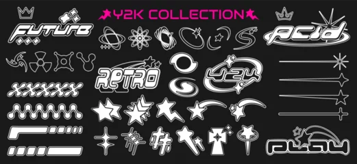 Foto op Aluminium  Set of Y2K abstract brutalism symbols and elements on a black background. Templates for logo, icon, notes, posters, banners, stickers, business cards. Vector illustration © Katerina Gems