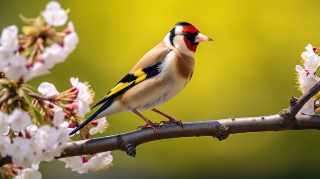 goldfinch perched on branch of green tree
