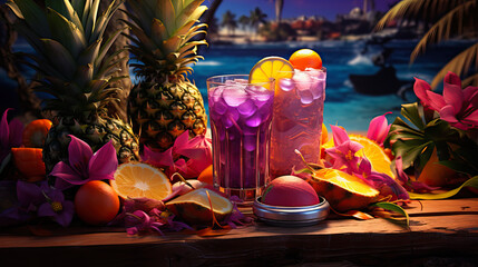 Obraz na płótnie Canvas ndulge in the essence of a tropical escape with these citrus-infused beverages, surrounded by an array of exotic fruits and vibrant flowers, with a serene beach backdrop.
