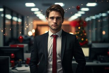 Fototapeta premium Excited young business woman man people in modern office on Christmas day created with ai generative