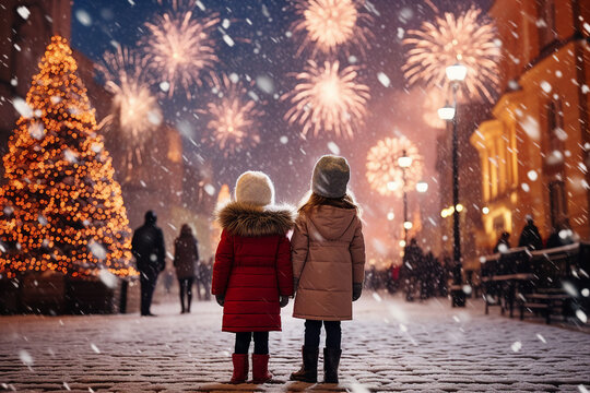 AI generated image of funny children watching and wondering first new year fireworks