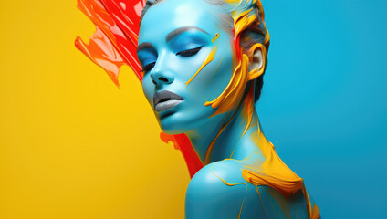Elegant profile of a blue-skinned lady with flowing yellow paint, set against a dynamic red and blue backdrop.