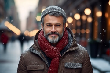 Generative AI portrait of attractive bearded man standing over new year decorations snowy city winter fair