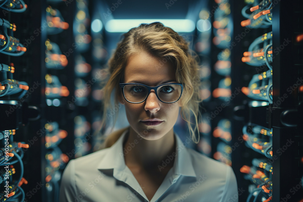 Wall mural generative ai conceptual portrait of successful business person man woman hacker programmer in offic