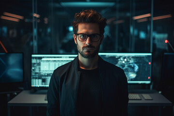 Generative AI conceptual portrait of successful business person man woman hacker programmer in office