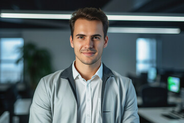 Obraz premium Generative AI conceptual portrait of successful business person man woman hacker programmer in office