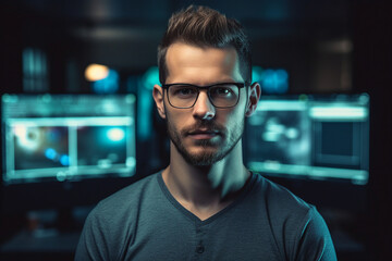 Obraz premium Generative AI conceptual portrait of successful business person man woman hacker programmer in office