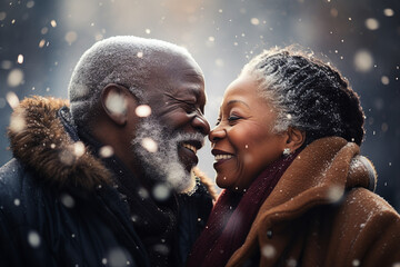 Romantic winter honeymoon snowy day mature couple spending together AI generated image - obrazy, fototapety, plakaty