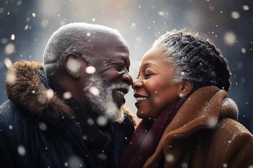 Fotobehang Romantic winter honeymoon snowy day mature couple spending together AI generated image © Tetiana