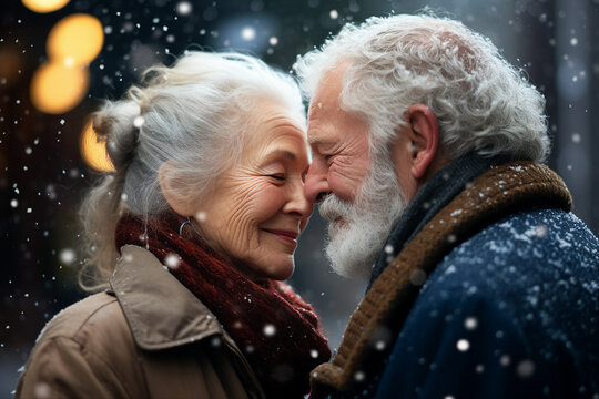 Romantic winter honeymoon snowy day mature couple spending together AI generated image