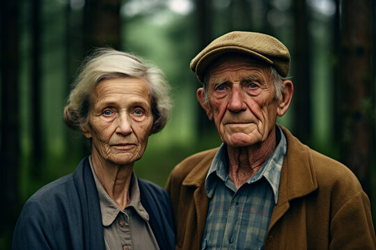 Generative ai photo image of old people walking in green forest together