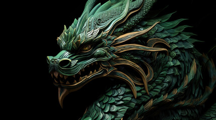 Traditional green with gold chinese dragon on black background with copy space. New Year of the Dragon 2024