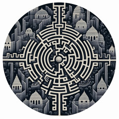 Black and white grunge geometric tribal labyrinth. Surreal style. - obrazy, fototapety, plakaty
