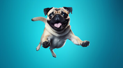 Pug dog jumping on isolated on blue cyan background