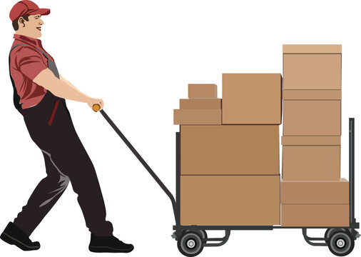 A warehouse worker is pushing a trolley to move a pile of cardboard isolated on transparent background