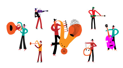 Fototapeta na wymiar Musicians band vector illustration , people playing musical instruments , isolated cartoon design elements 