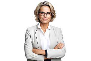 Happy middle aged business woman ceo standing isolated on the white background. Generative Ai. - obrazy, fototapety, plakaty