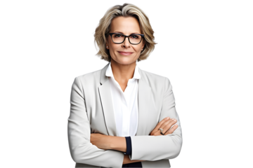 Happy middle aged business woman ceo standing isolated on the white background. Generative Ai.