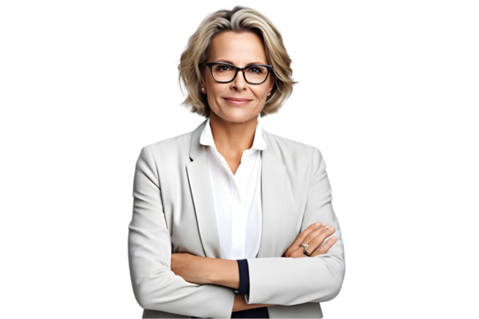 Happy middle aged business woman ceo standing isolated on the white background. Generative Ai.