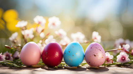 Fototapeta na wymiar Multicolored Easter eggs on a Spring Background with Copy Space.