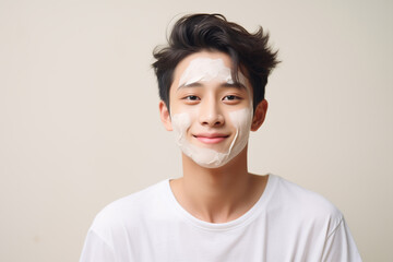 Teenager skin care concept - happy asian teenage boy with cream on his face - Powered by Adobe