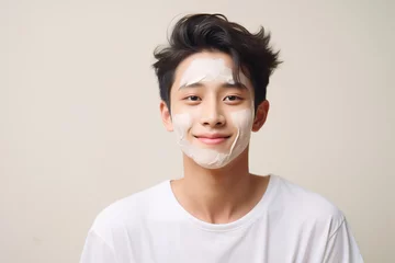 Foto op Canvas Teenager skin care concept - happy asian teenage boy with cream on his face © anaumenko