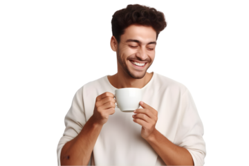 Happy young woman enjoying a cup of coffee at a cafe isolated on white background. Generative Ai.