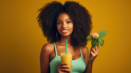 Beautiful young black woman drinking fresh smoothie. Healthy lifestyle concept - obrazy, fototapety, plakaty