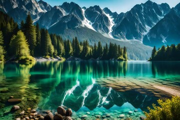 **great summer morning on the eibsee lake with zugspitze mountain range. sunny outdoor scene in german alps, europe, beauty of nature