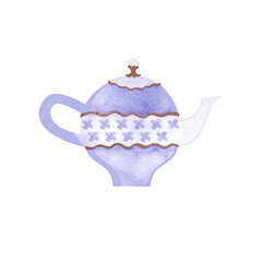 Kettle in a classic style with gold decor and floral ornaments. Isolated watercolor illustration on white background. Clipart. Decor for a tea party or an English style party.
