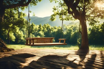 **old wooden terrace with wicker swing hang on the tree with blurry nature background 3d render - obrazy, fototapety, plakaty