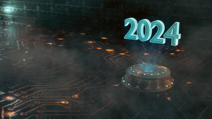Close up, futuristic technical environment with hologram of number 2024. Technical concept for countdown to new year. Happy new year, 2024. 3D rendering.