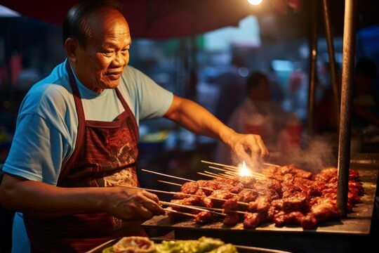 A local Filipino vendor in the heart of Manila, expertly preparing 'Isaw', a beloved street food delicacy made from chicken intestines
