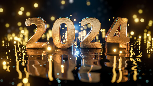 Close up of gold number 2024 on reflective black wavy ground with ice blue bokeh background. Golden particles fly around.  Happy new year 2024. 3D rendering.