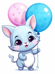 Cartoon sticker cute kitten with blue balloon, AI
