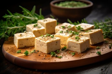 Preparing a vegan feast with fresh tofu cubes, garnished with aromatic herbs and spices