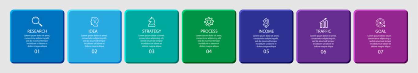 simple infographic design in various colors with 7 sections or a choice of icons, numbers and text, for your concept flow diagram, business or presentation