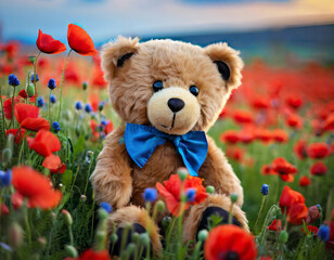 Cute teddy bear sitting among poppy flowers. AI generated image.