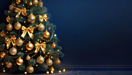 Choinka ozdobiona złotymi bombkami oraz kokardami. Bożonarodzeniowe granatowe tło z choinką i miejscem na tekst - obrazy, fototapety, plakaty