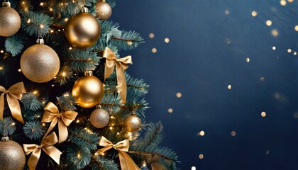 Choinka ozdobiona złotymi bombkami oraz kokardami. Bożonarodzeniowe granatowe tło z choinką i miejscem na tekst - obrazy, fototapety, plakaty
