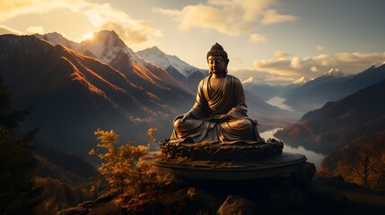 Buddha statue in the mountains at sunset. - obrazy, fototapety, plakaty