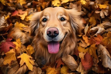 AI generated illustration of a cheerful-looking dog in a pile of autumn leaves