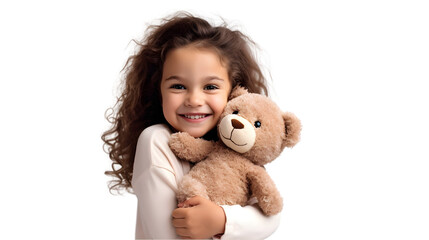 Little happy child kid girl 6-7 year old in casual clothes have fun hold hug teddy bear plush toy. Generative Ai.